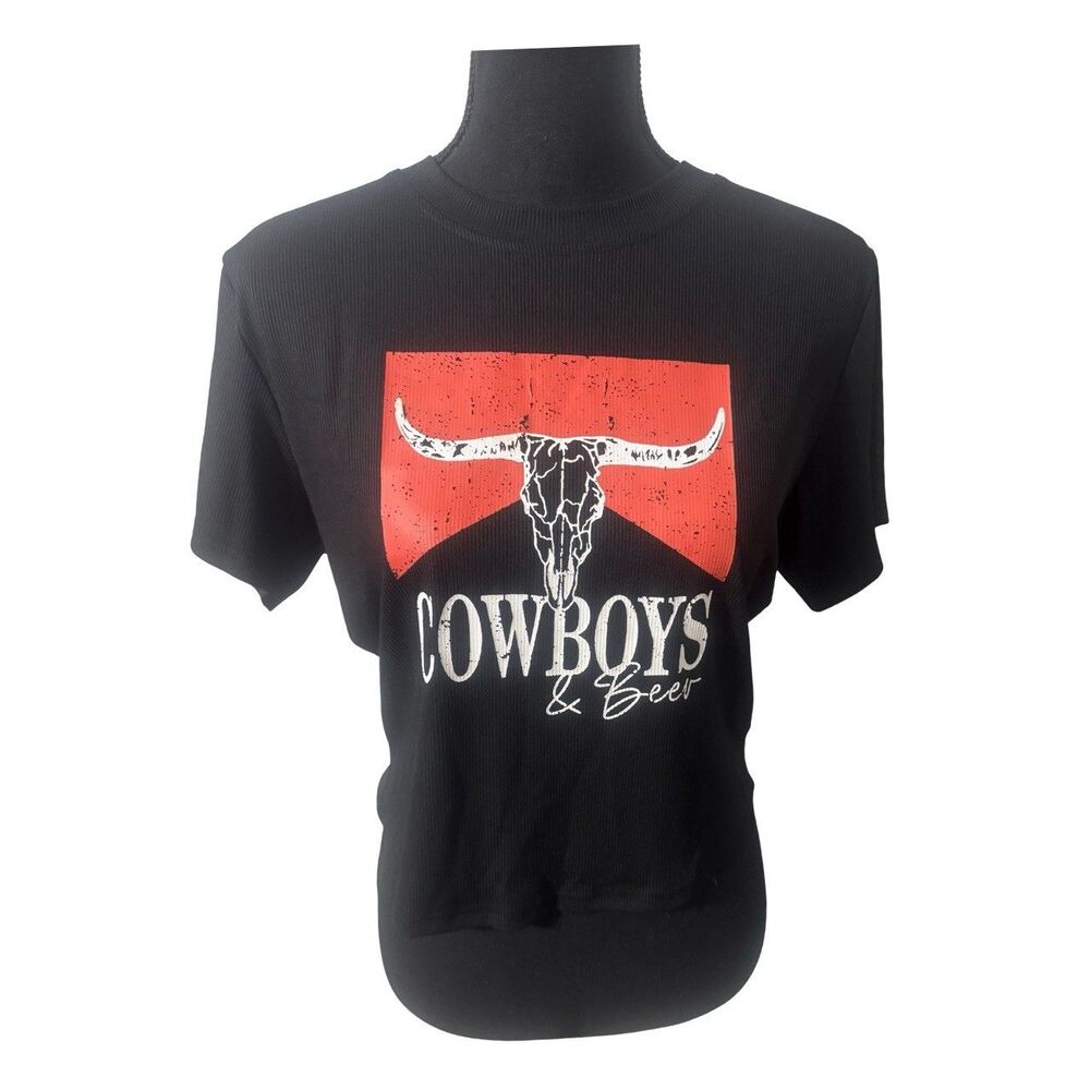 Black & Red Alt Western Boho Moto Gothic Cowgirl Beer Graphic Print Crop Top XL - Picture 2 of 5